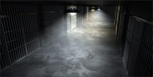 Interior of prison depicting innocent and imprisoned