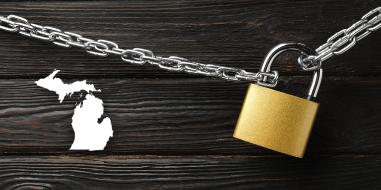 Michigan map and padlock representing Michigan's lockdown