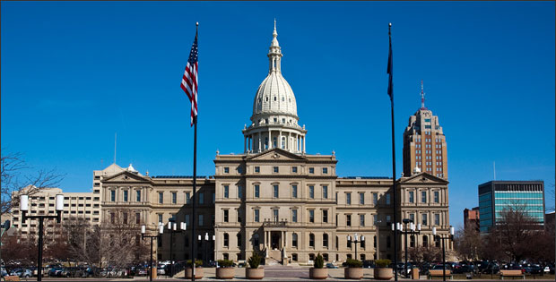 Michigan State Capital Building depicting gun bills pending